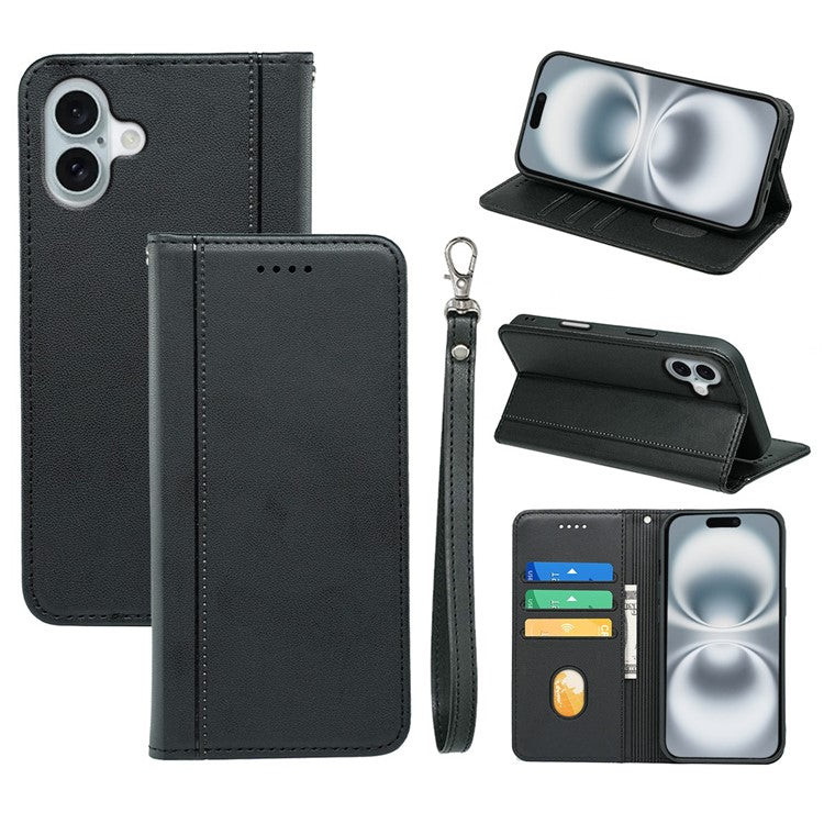 HX01 For iPhone 16 Wallet Case Magnetic Closing PU Leather Phone Cover - Black