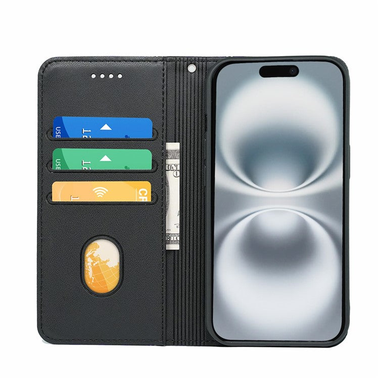 HX01 For iPhone 16 Wallet Case Magnetic Closing PU Leather Phone Cover - Black