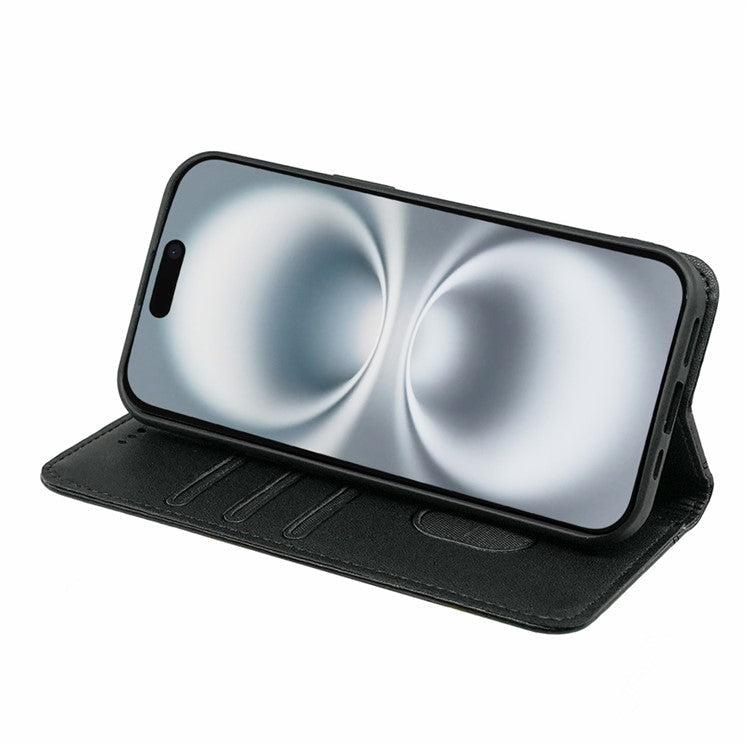 HX01 For iPhone 16 Wallet Case Magnetic Closing PU Leather Phone Cover - Black