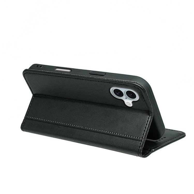 HX01 For iPhone 16 Wallet Case Magnetic Closing PU Leather Phone Cover - Black