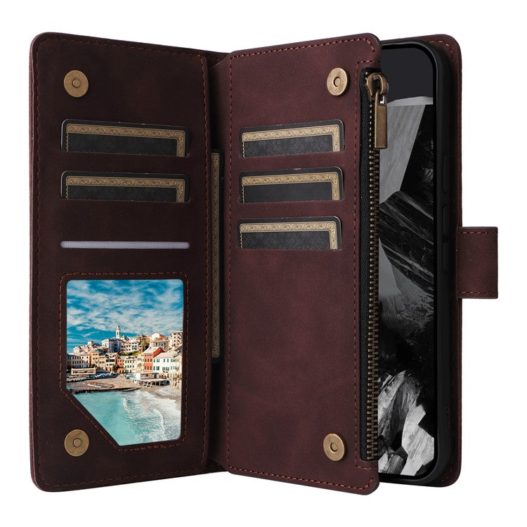 For Google Pixel 9 Pro XL Case Zipper Wallet Multiple Card Slots Leather Phone Cover - Coffee