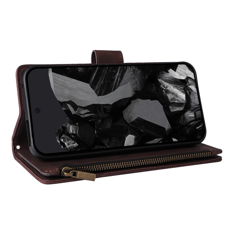 For Google Pixel 9 Pro XL Case Zipper Wallet Multiple Card Slots Leather Phone Cover - Coffee