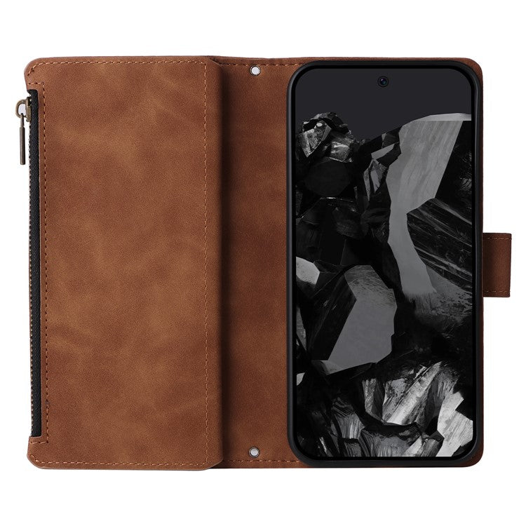 For Google Pixel 9 Pro XL Case Zipper Wallet Multiple Card Slots Leather Phone Cover - Brown