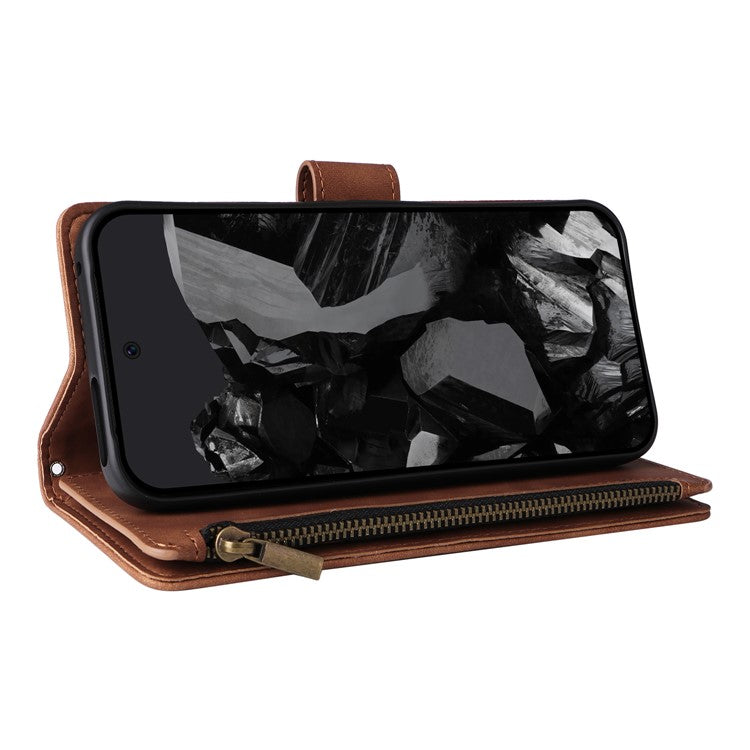For Google Pixel 9 Pro XL Case Zipper Wallet Multiple Card Slots Leather Phone Cover - Brown