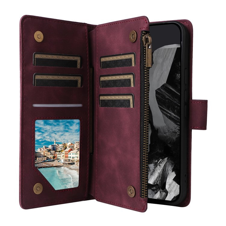 For Google Pixel 9 Pro XL Case Zipper Wallet Multiple Card Slots Leather Phone Cover - Wine Red