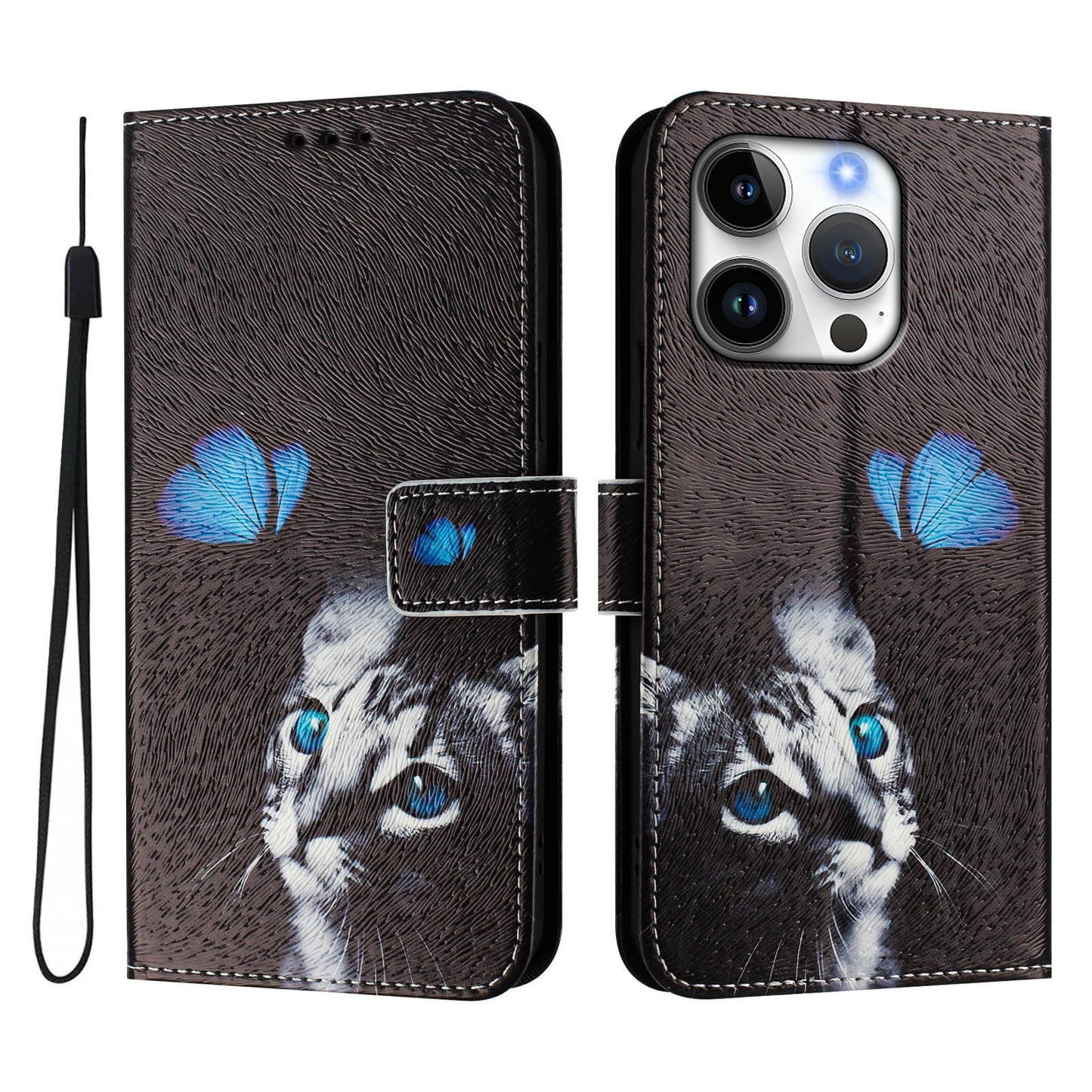 For iPhone 16 Pro Case Pattern Printing Wallet Phone Cover with Strap - Butterfly and Cat