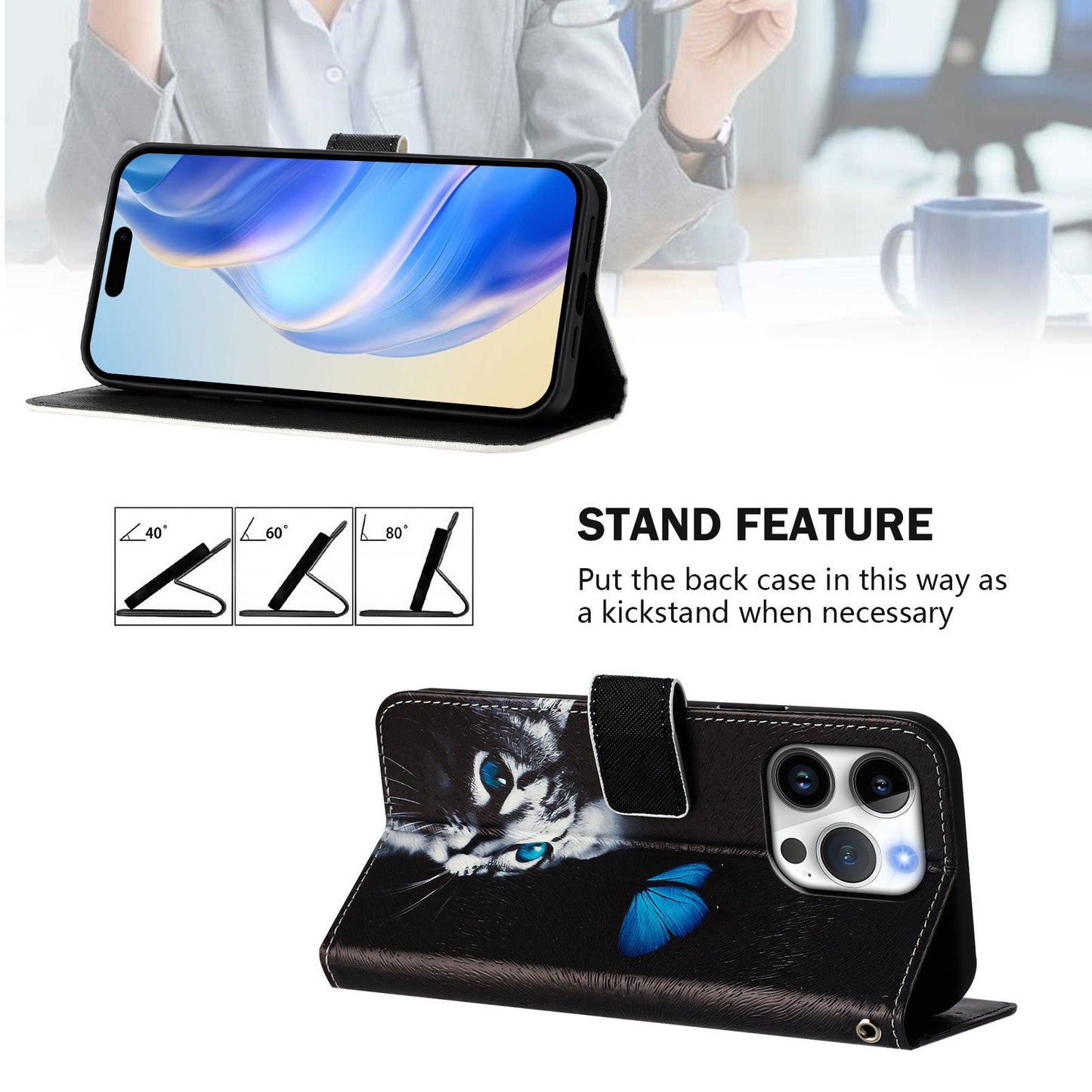 For iPhone 16 Pro Case Pattern Printing Wallet Phone Cover with Strap - Butterfly and Cat