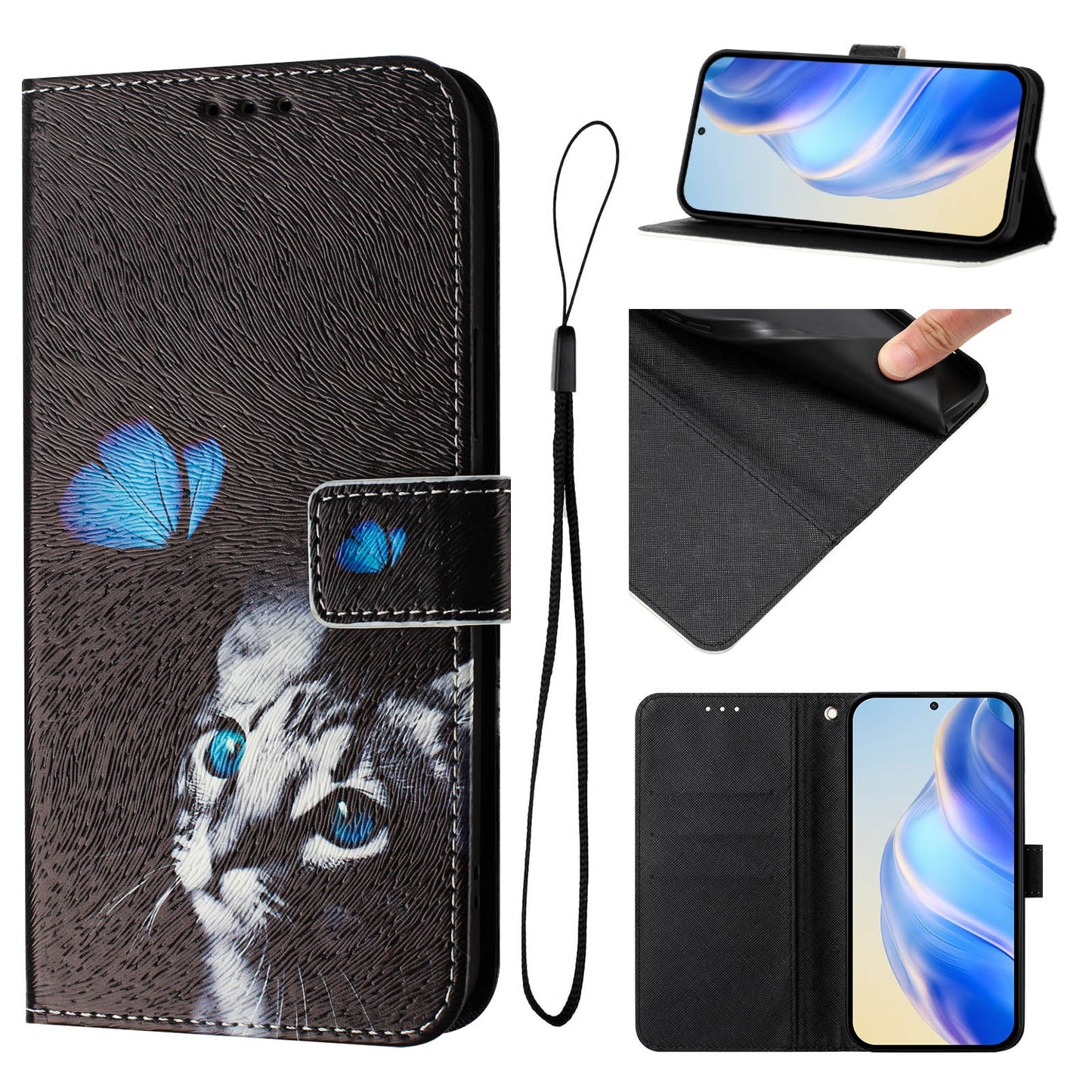 For iPhone 16 Pro Case Pattern Printing Wallet Phone Cover with Strap - Butterfly and Cat