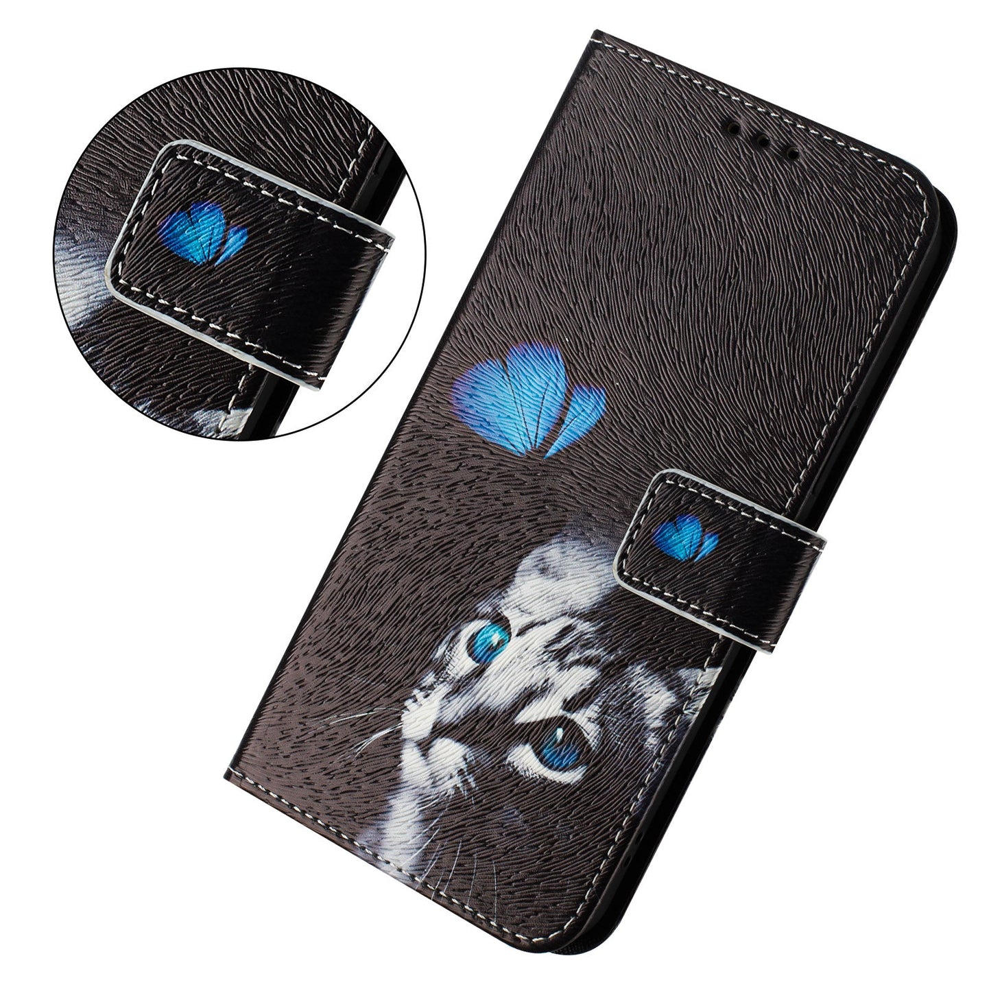 For iPhone 16 Pro Case Pattern Printing Wallet Phone Cover with Strap - Butterfly and Cat