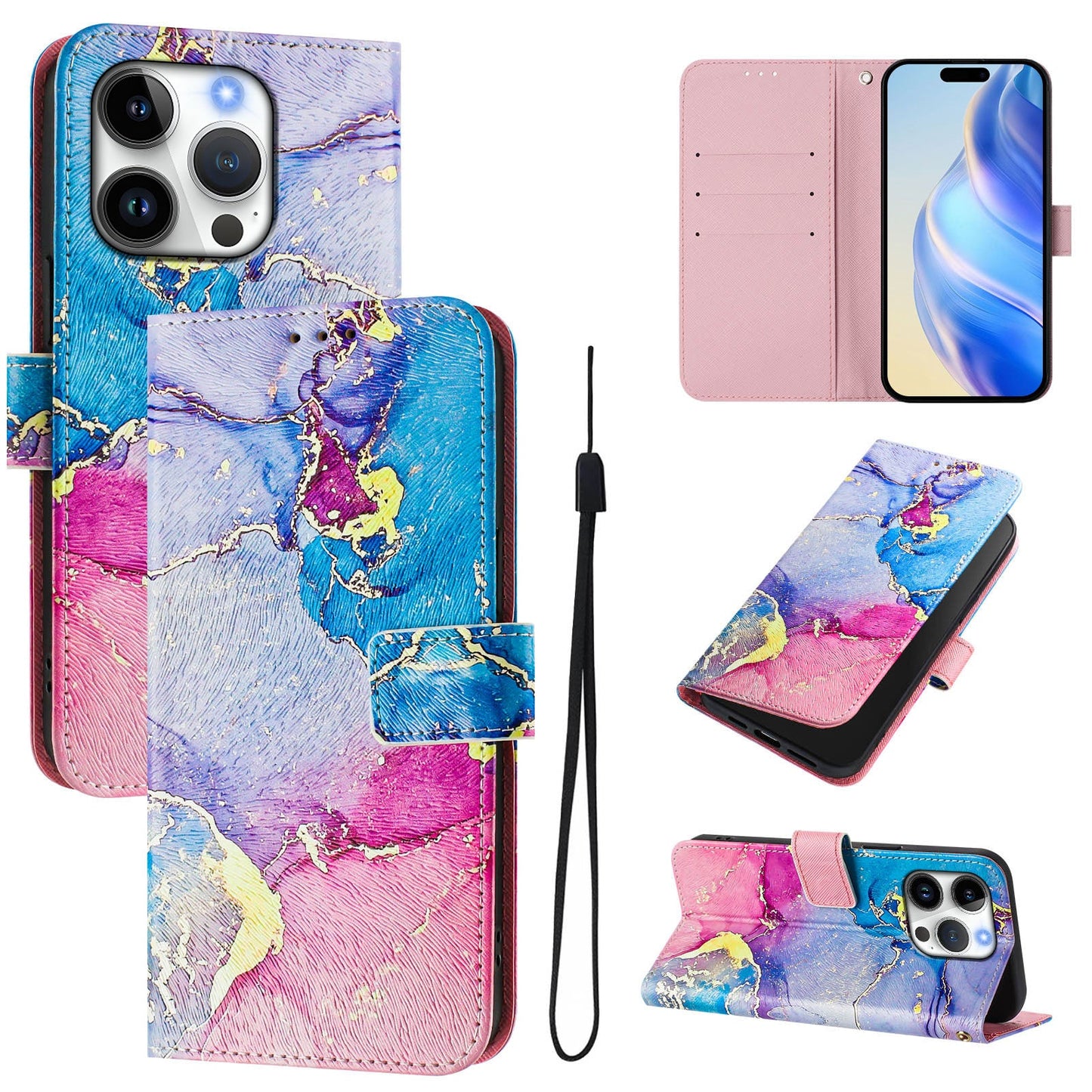 For iPhone 16 Pro Case Pattern Printing Wallet Phone Cover with Strap - Multicolor Marble