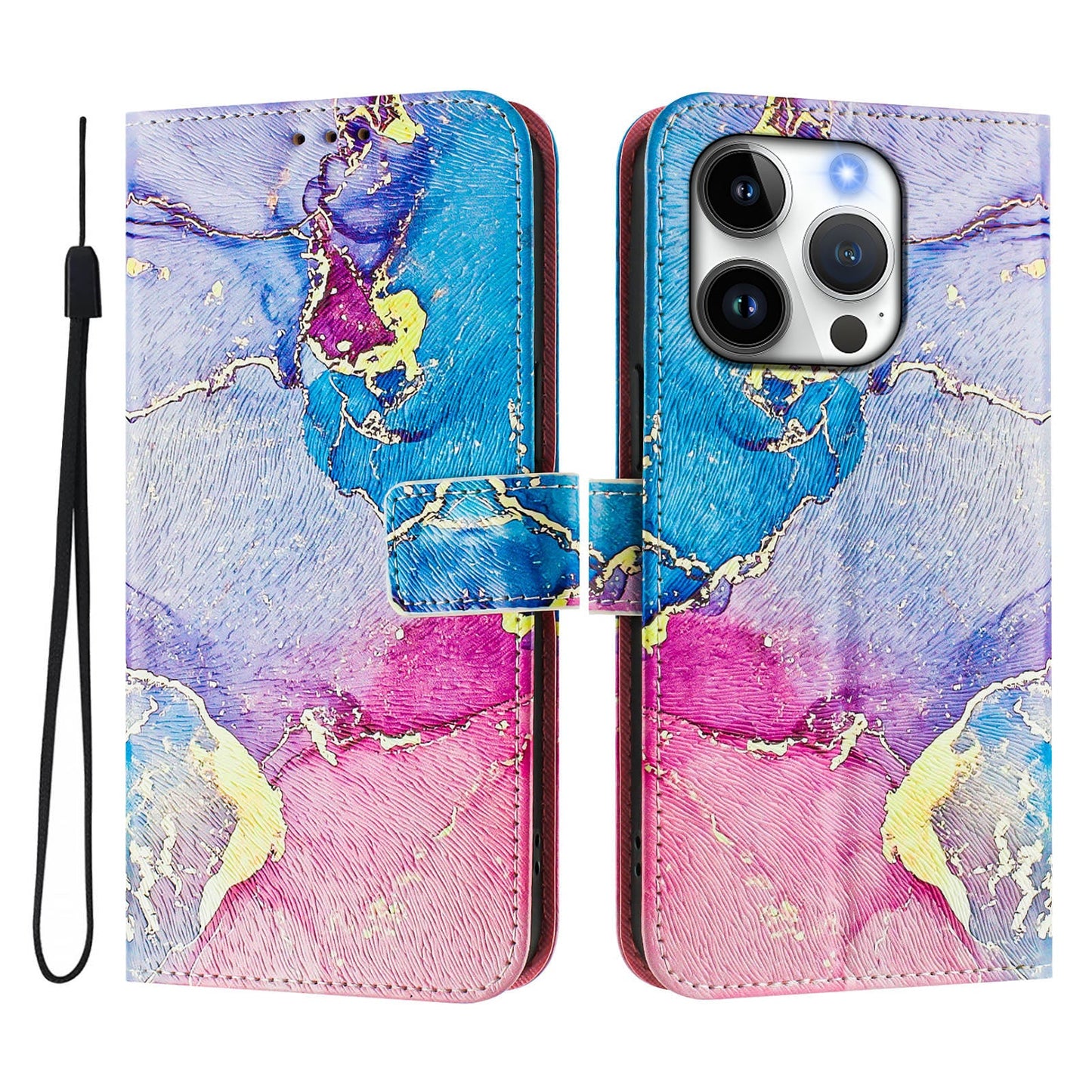 For iPhone 16 Pro Case Pattern Printing Wallet Phone Cover with Strap - Multicolor Marble