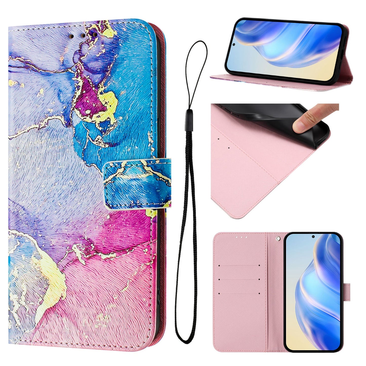 For iPhone 16 Pro Case Pattern Printing Wallet Phone Cover with Strap - Multicolor Marble