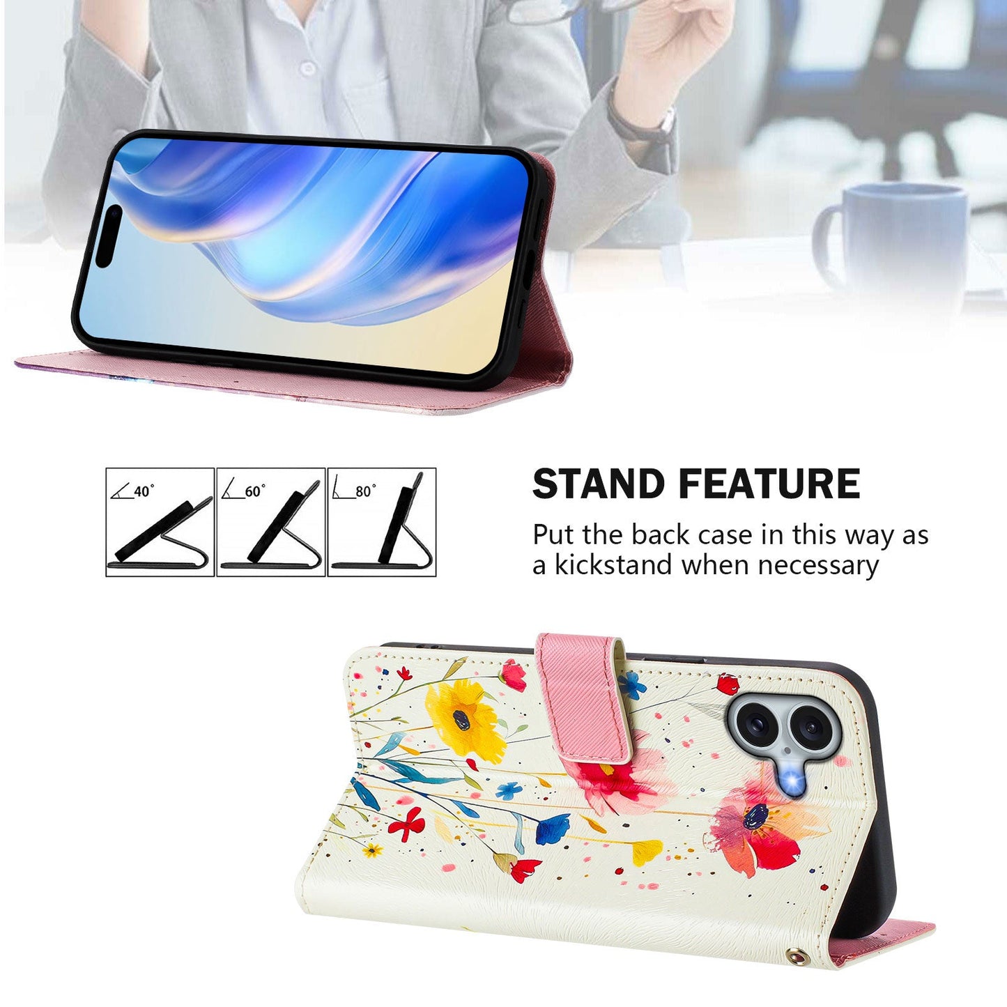 For iPhone 16 Plus Case Pattern Printing Wallet Phone Cover with Strap - Flower