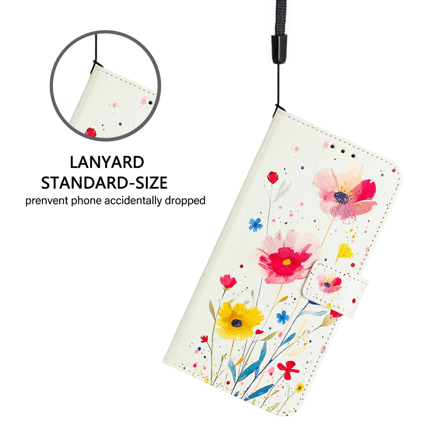 For iPhone 16 Plus Case Pattern Printing Wallet Phone Cover with Strap - Flower