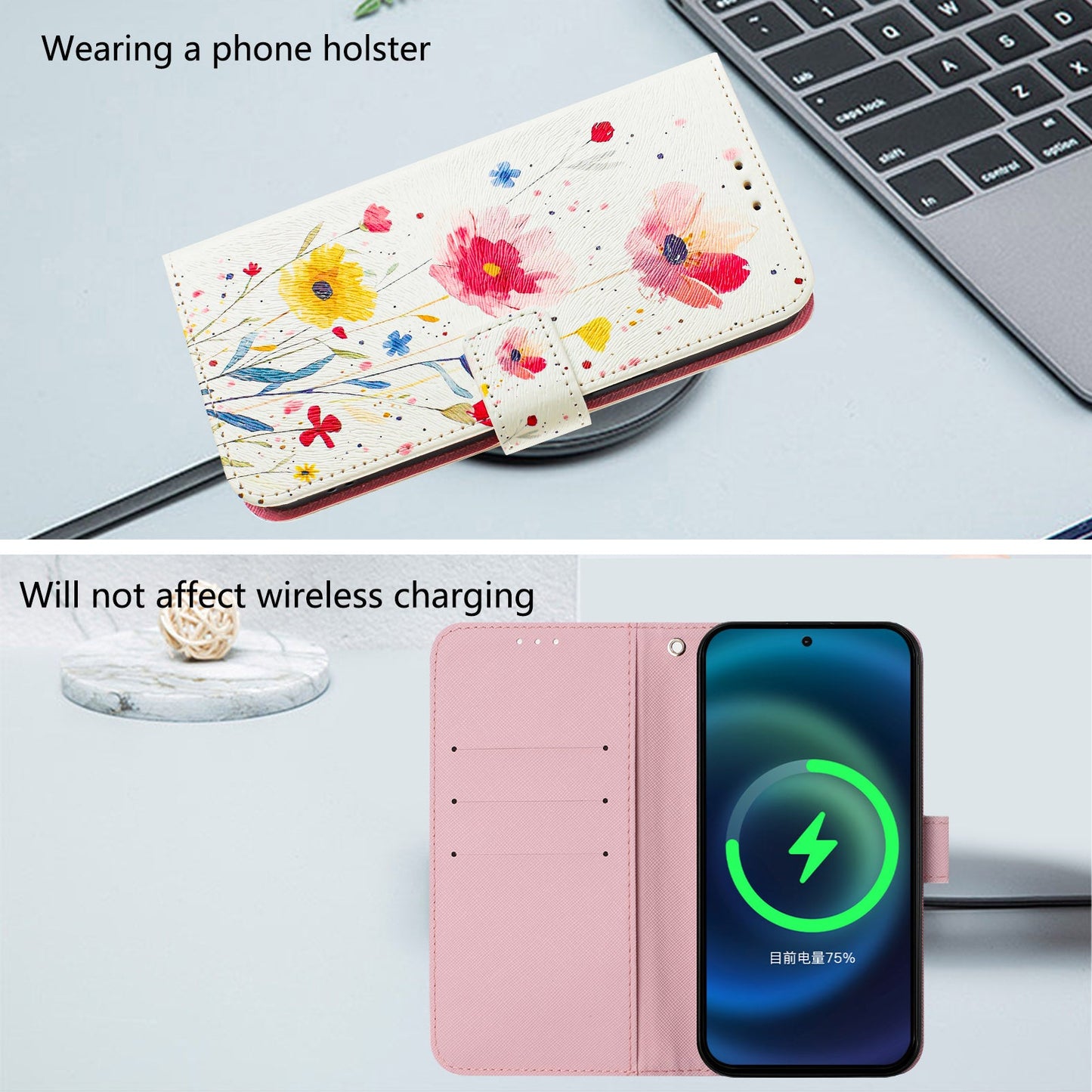 For iPhone 16 Plus Case Pattern Printing Wallet Phone Cover with Strap - Flower
