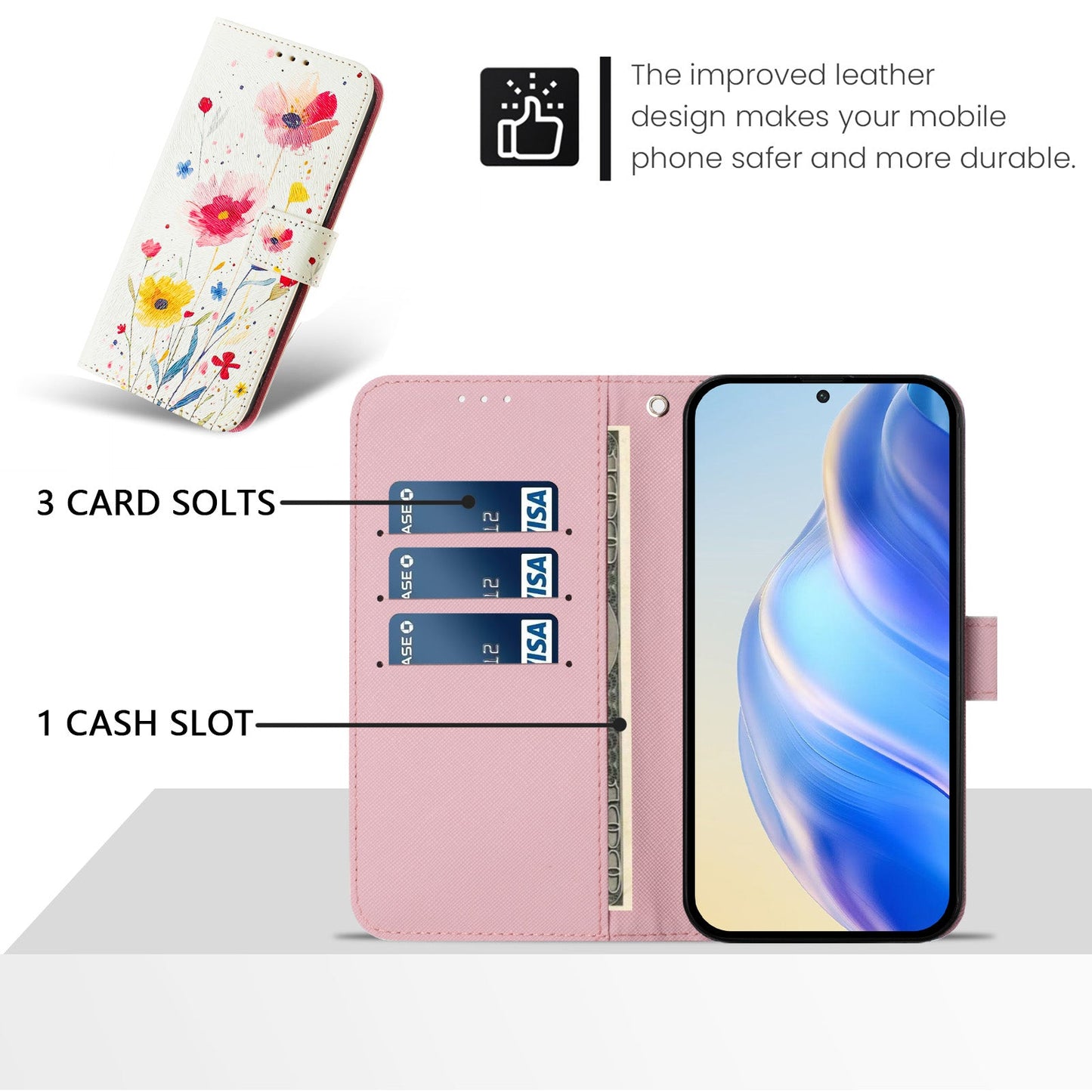 For iPhone 16 Plus Case Pattern Printing Wallet Phone Cover with Strap - Flower