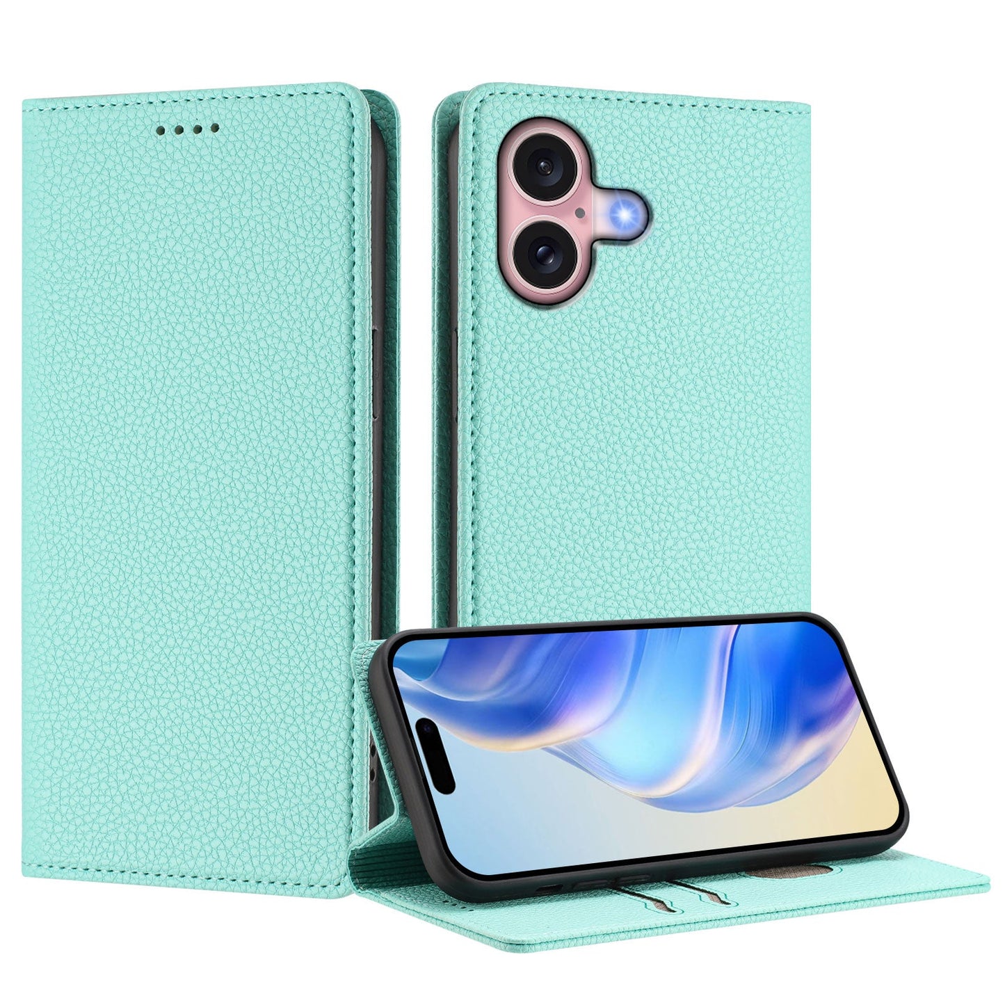 For iPhone 16 Wallet Case RFID Blocking Litchi Texture Leather Mobile Cover - Mint Green