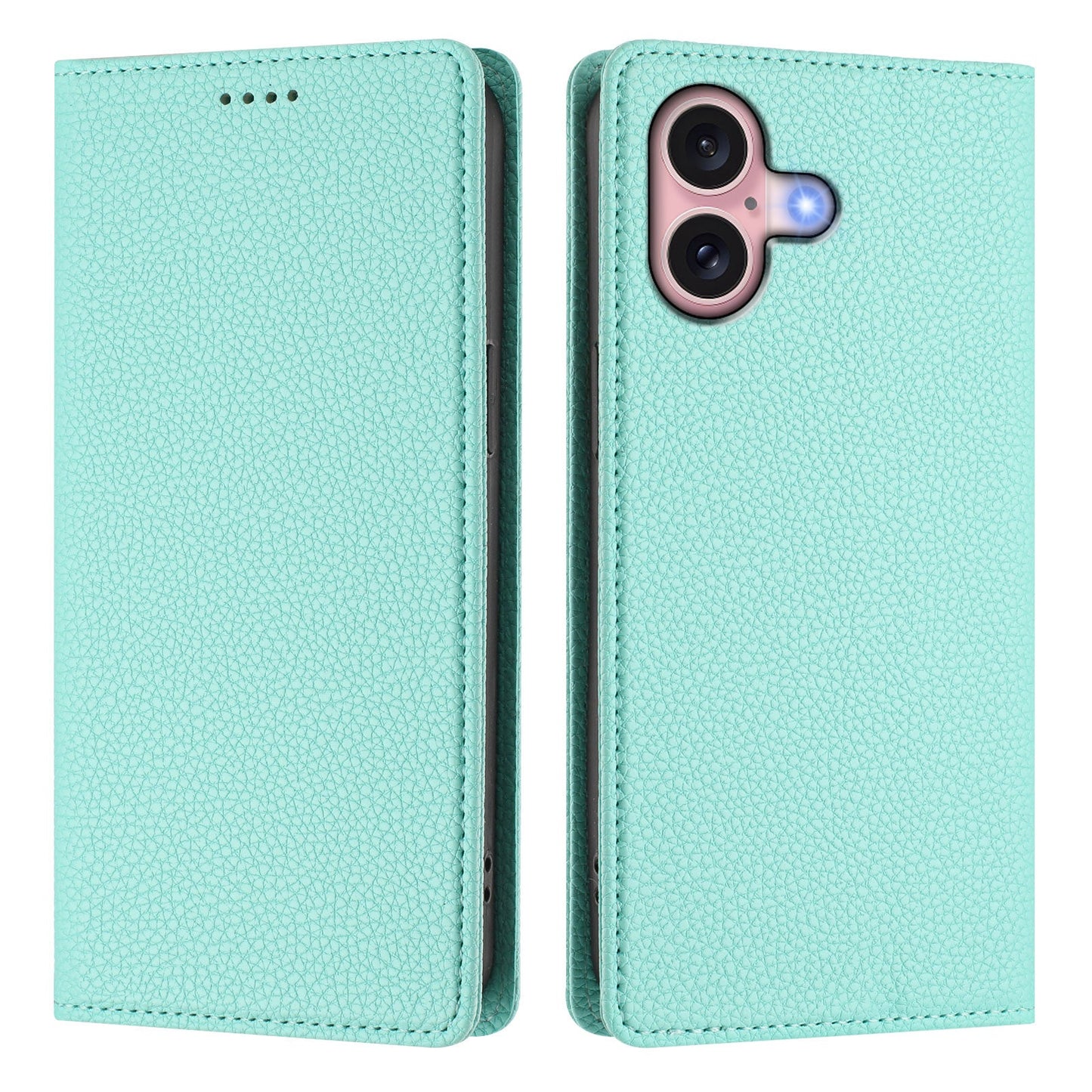 For iPhone 16 Wallet Case RFID Blocking Litchi Texture Leather Mobile Cover - Mint Green