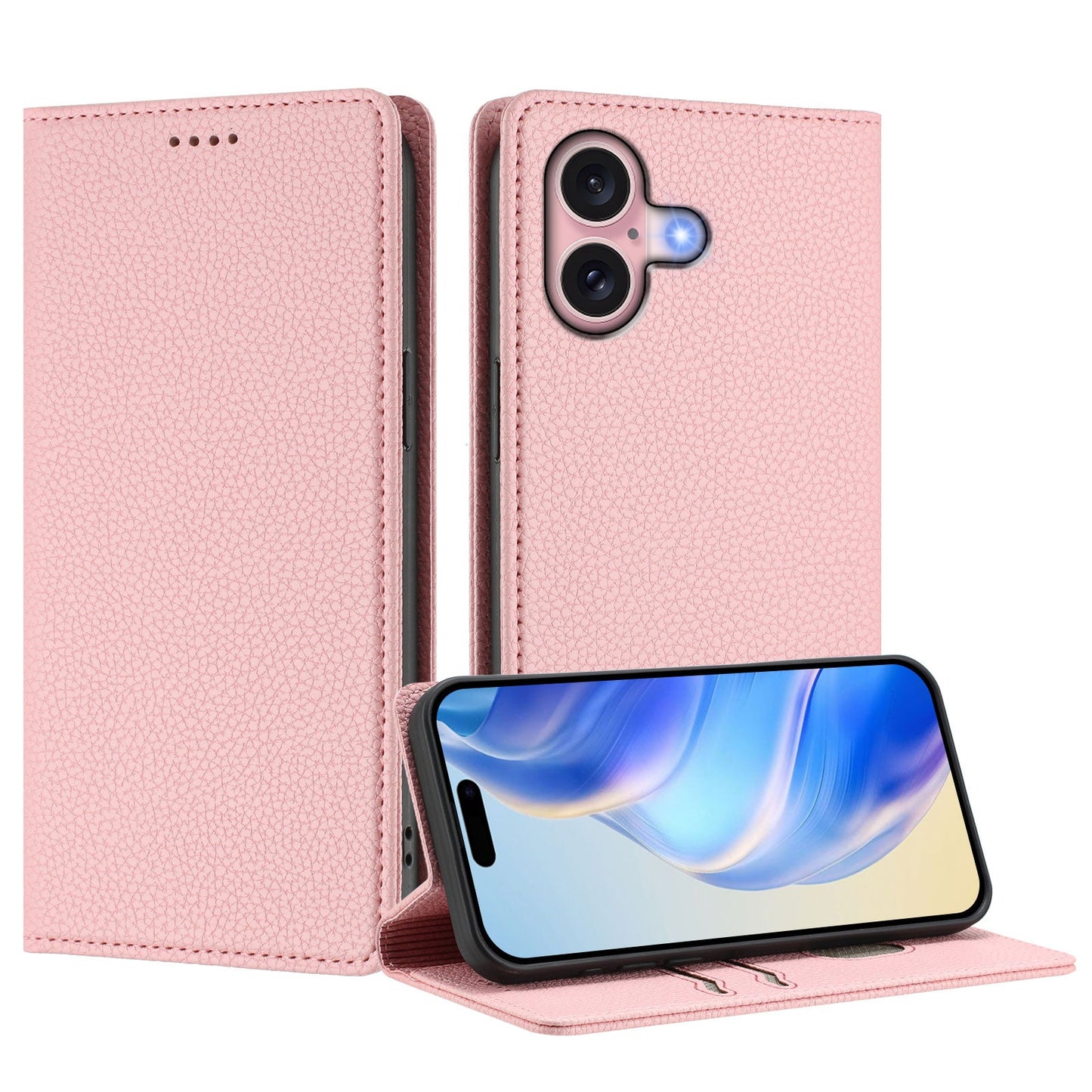 For iPhone 16 Wallet Case RFID Blocking Litchi Texture Leather Mobile Cover - Pink