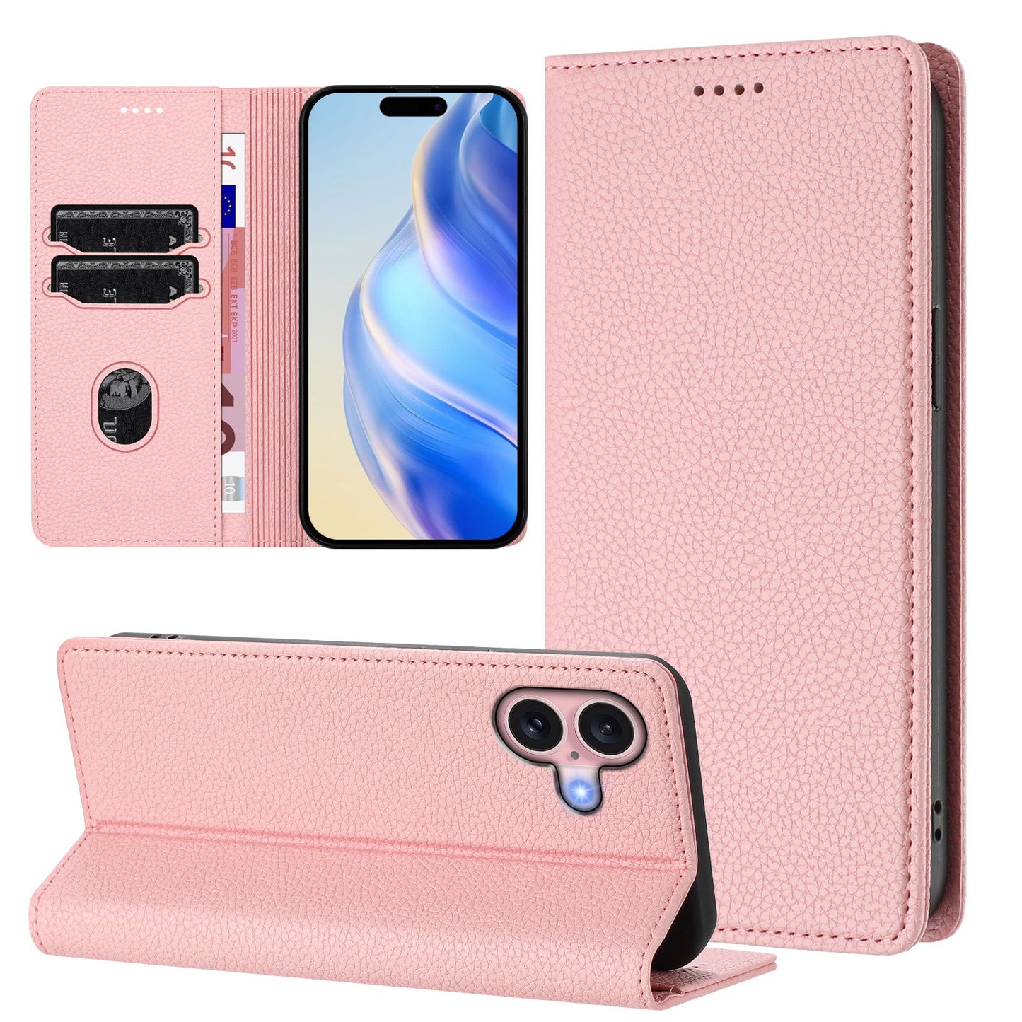 For iPhone 16 Wallet Case RFID Blocking Litchi Texture Leather Mobile Cover - Pink