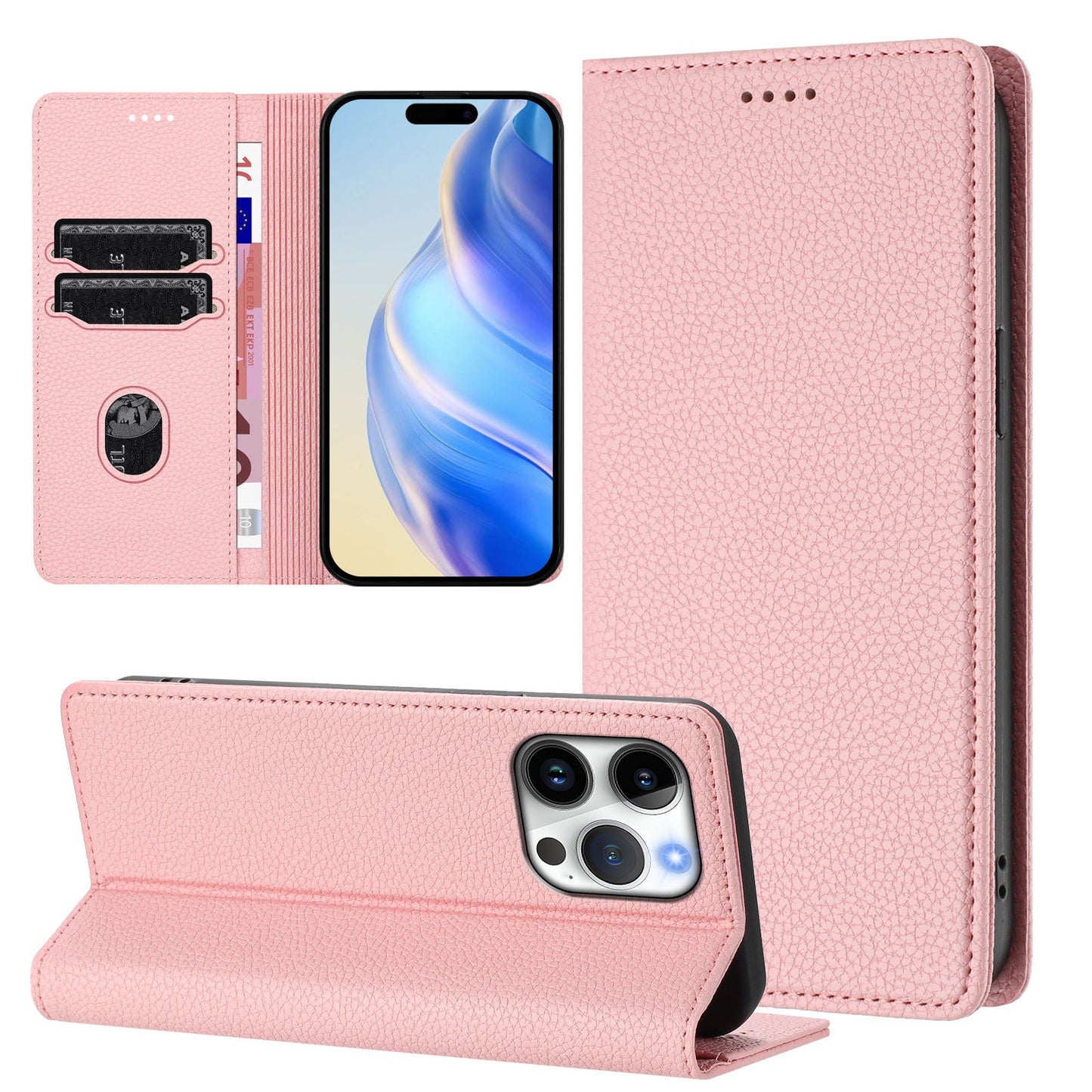 For iPhone 16 Pro Wallet Case RFID Blocking Litchi Texture Leather Mobile Cover - Pink