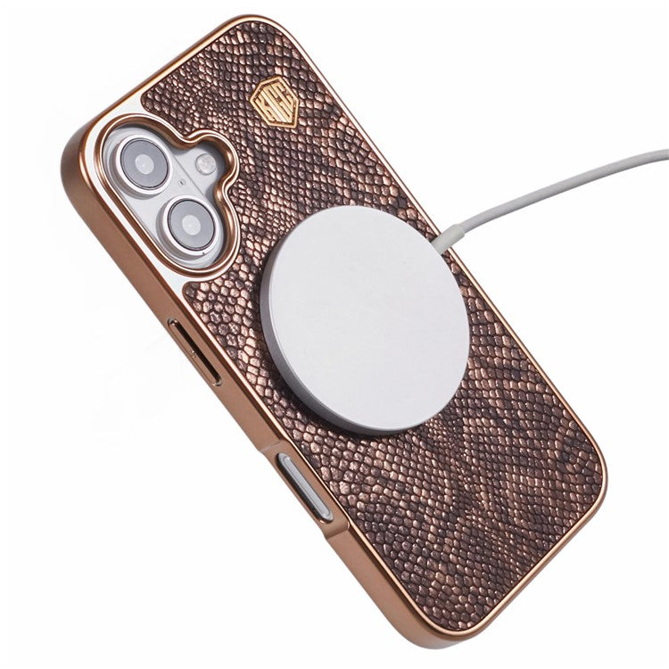 KIGC For iPhone 16 Case Compatible with MagSafe Snake Texture Leather+PC+TPU Back Cover - Titanium Gold