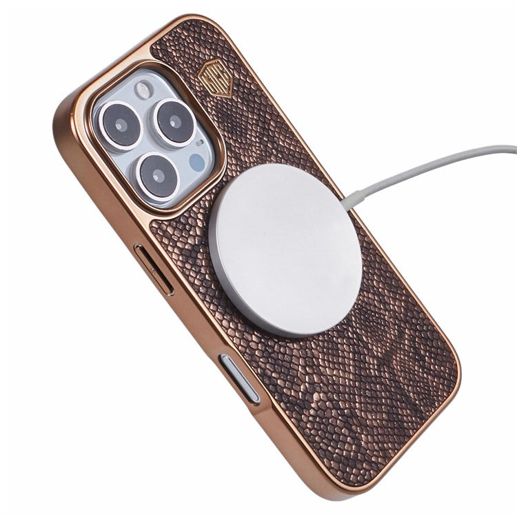 KIGC For iPhone 16 Pro Case Compatible with MagSafe Snake Texture Leather+PC+TPU Back Cover - Titanium Gold