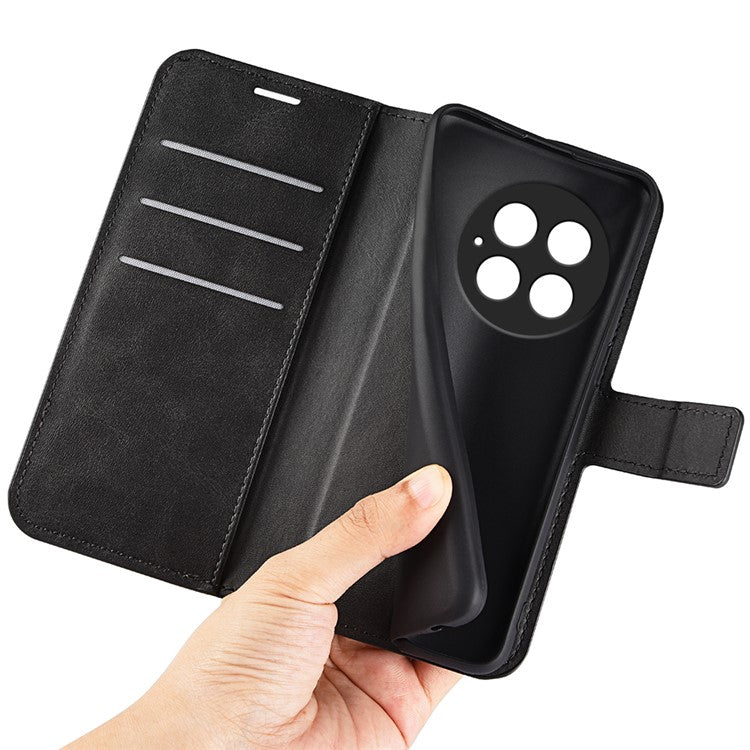 For OnePlus 13 Stand Case Anti-Scratch Calf Texture Leather Phone Cover - Black