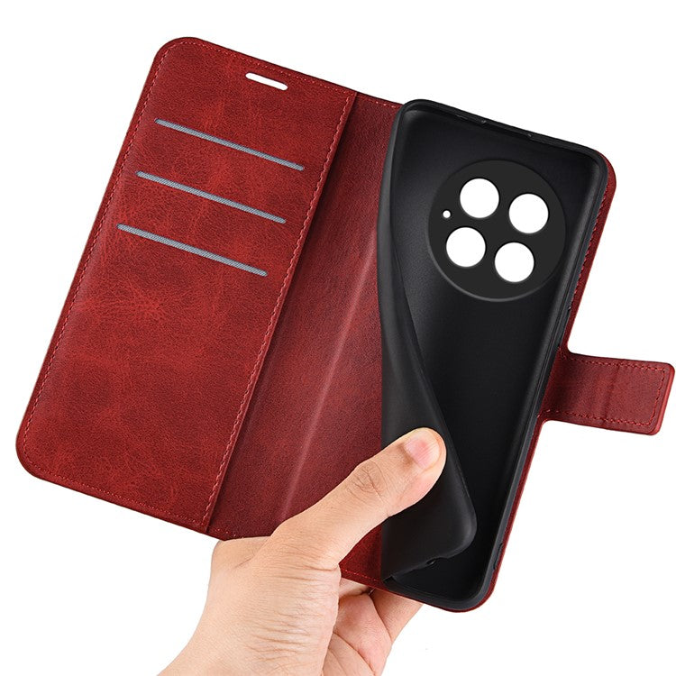 For OnePlus 13 Stand Case Anti-Scratch Calf Texture Leather Phone Cover - Red