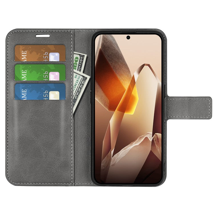 For OnePlus 13 Stand Case Anti-Scratch Calf Texture Leather Phone Cover - Grey