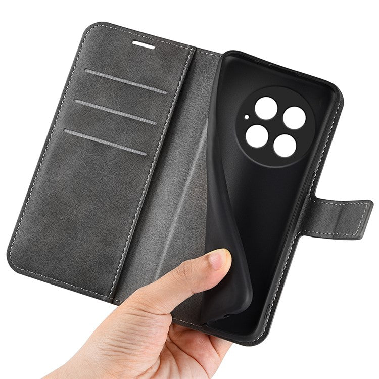 For OnePlus 13 Stand Case Anti-Scratch Calf Texture Leather Phone Cover - Grey