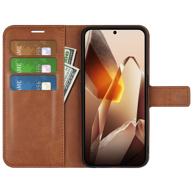 For OnePlus 13 Stand Case Anti-Scratch Calf Texture Leather Phone Cover - Light Brown