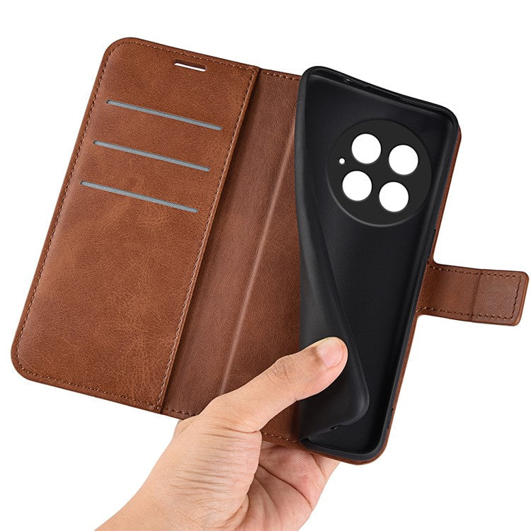 For OnePlus 13 Stand Case Anti-Scratch Calf Texture Leather Phone Cover - Light Brown