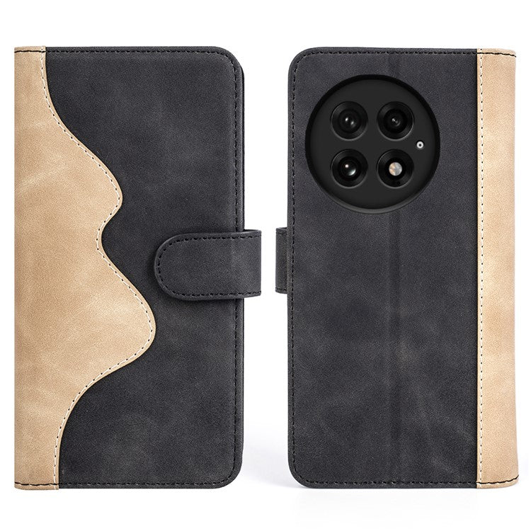 For OnePlus 13 Wallet Case Leather Phone Cover Splicing Color - Black