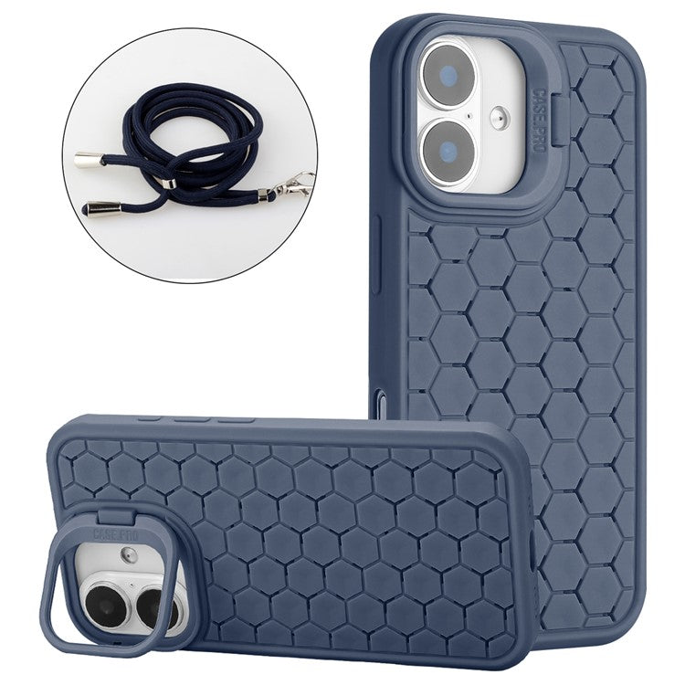 For iPhone 16 TPU Case Kickstand Heat Dissipation Phone Cover with Lanyard - Dark Blue