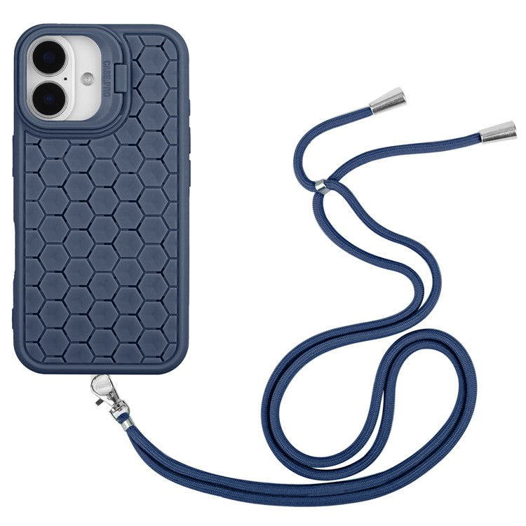 For iPhone 16 TPU Case Kickstand Heat Dissipation Phone Cover with Lanyard - Dark Blue
