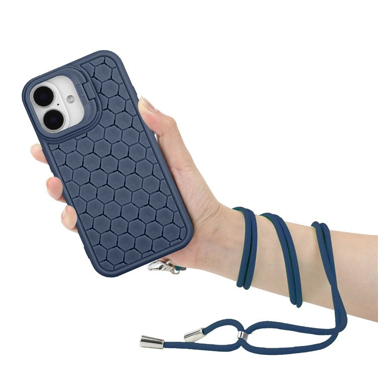 For iPhone 16 TPU Case Kickstand Heat Dissipation Phone Cover with Lanyard - Dark Blue