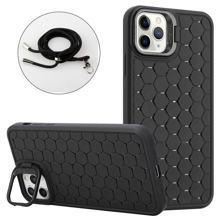 For iPhone 16 Pro TPU Case Kickstand Heat Dissipation Phone Cover with Lanyard - Black