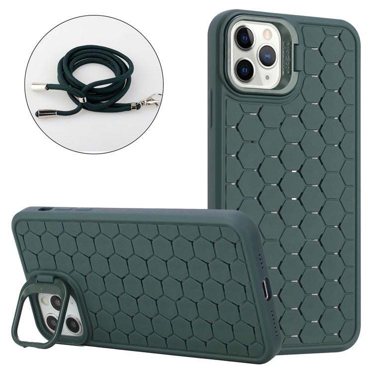 For iPhone 16 Pro TPU Case Kickstand Heat Dissipation Phone Cover with Lanyard - Army Green