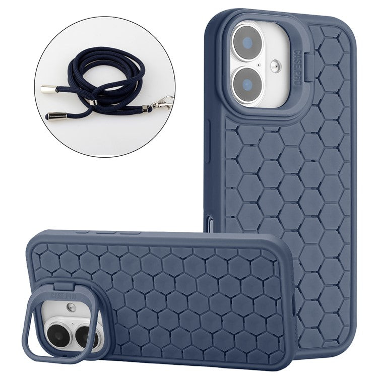 For iPhone 16 Case Compatible with MagSafe Kickstand Heat Dissipation TPU Phone Cover with Lanyard - Dark Blue