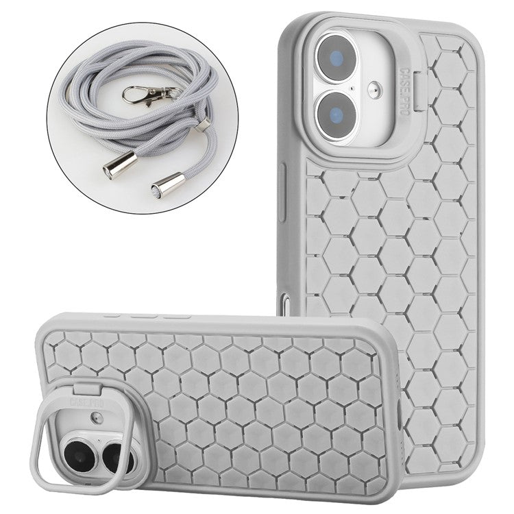 For iPhone 16 Case Compatible with MagSafe Kickstand Heat Dissipation TPU Phone Cover with Lanyard - Grey