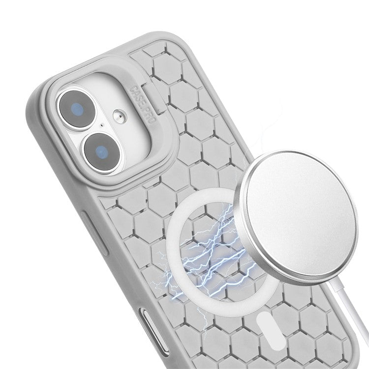 For iPhone 16 Case Compatible with MagSafe Kickstand Heat Dissipation TPU Phone Cover with Lanyard - Grey