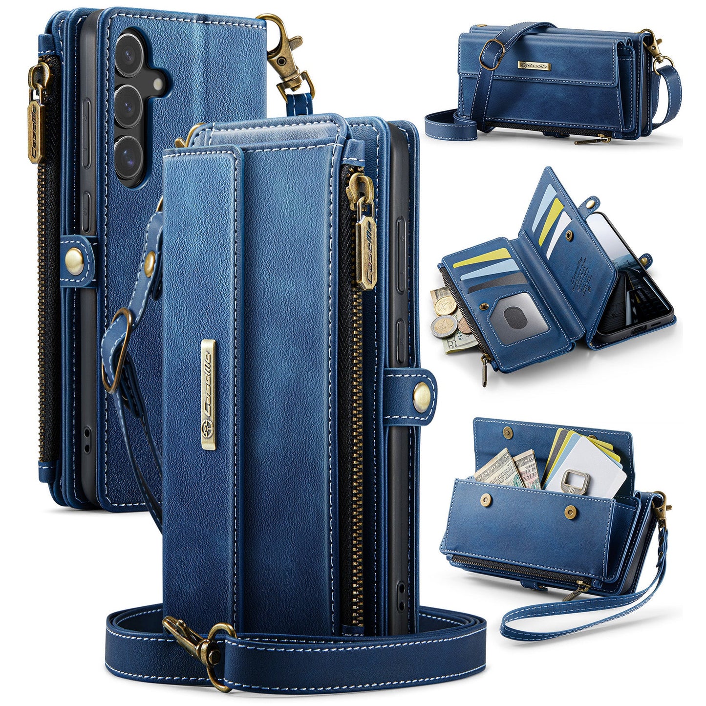 For Samsung Galaxy S24 Case CASEME C39 RFID Blocking Zipper Wallet Stand Leather Cover with Strap - Blue