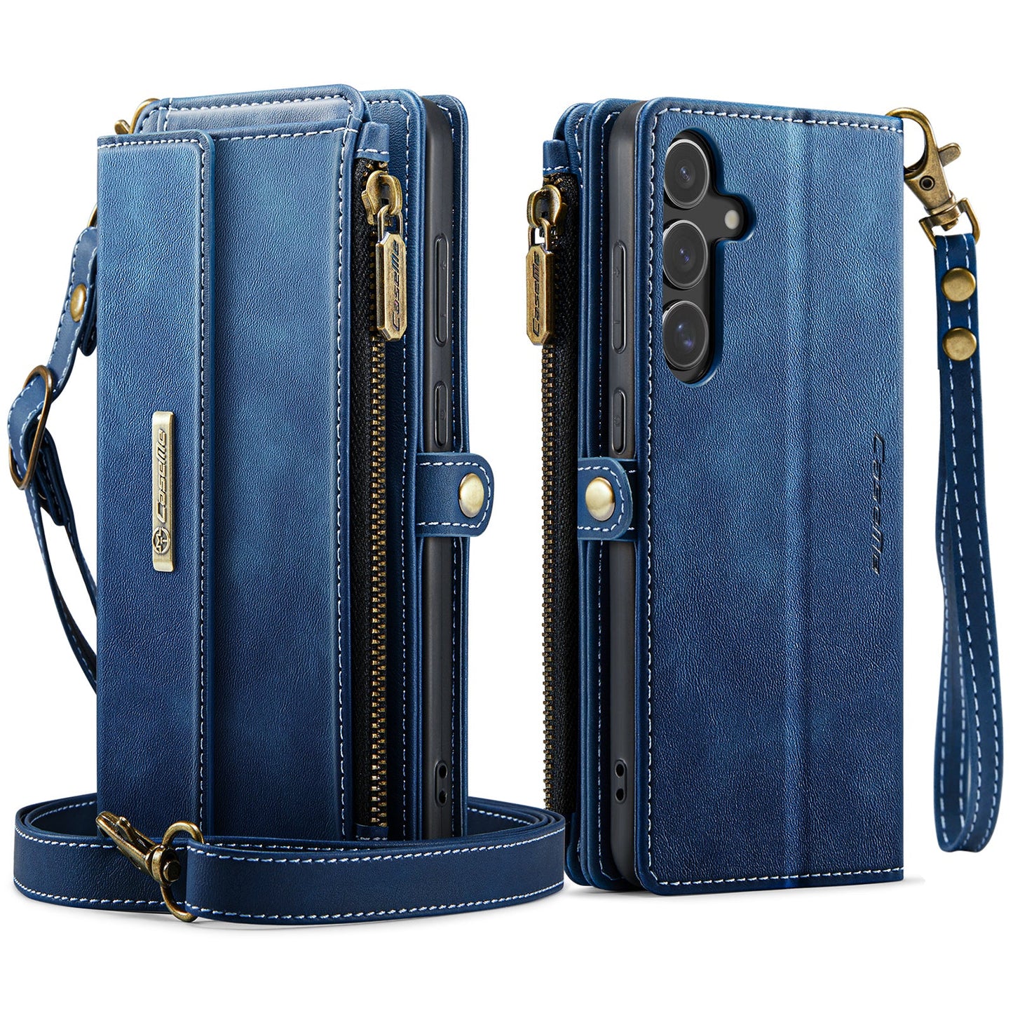 For Samsung Galaxy S24 Case CASEME C39 RFID Blocking Zipper Wallet Stand Leather Cover with Strap - Blue
