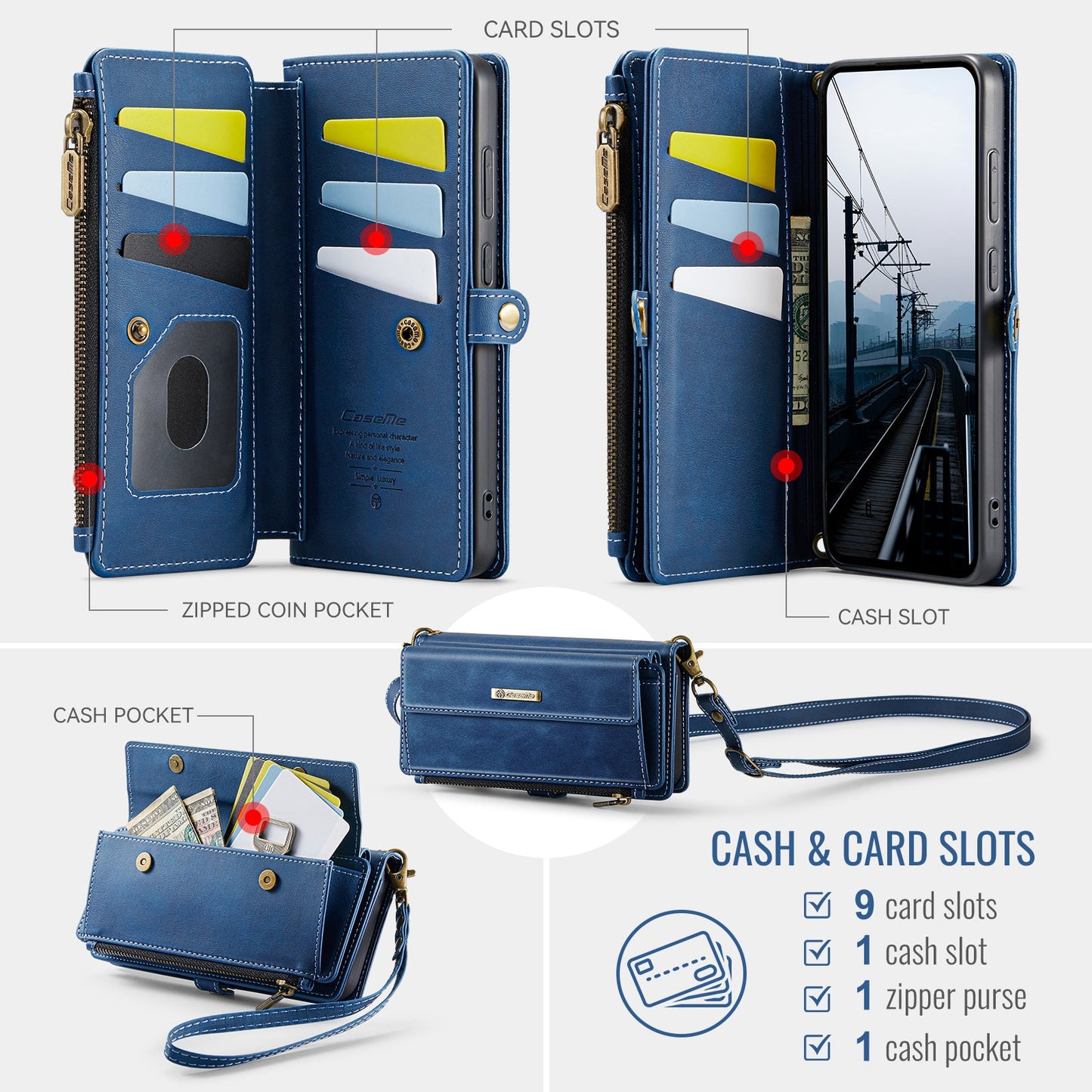 For Samsung Galaxy S24 Case CASEME C39 RFID Blocking Zipper Wallet Stand Leather Cover with Strap - Blue