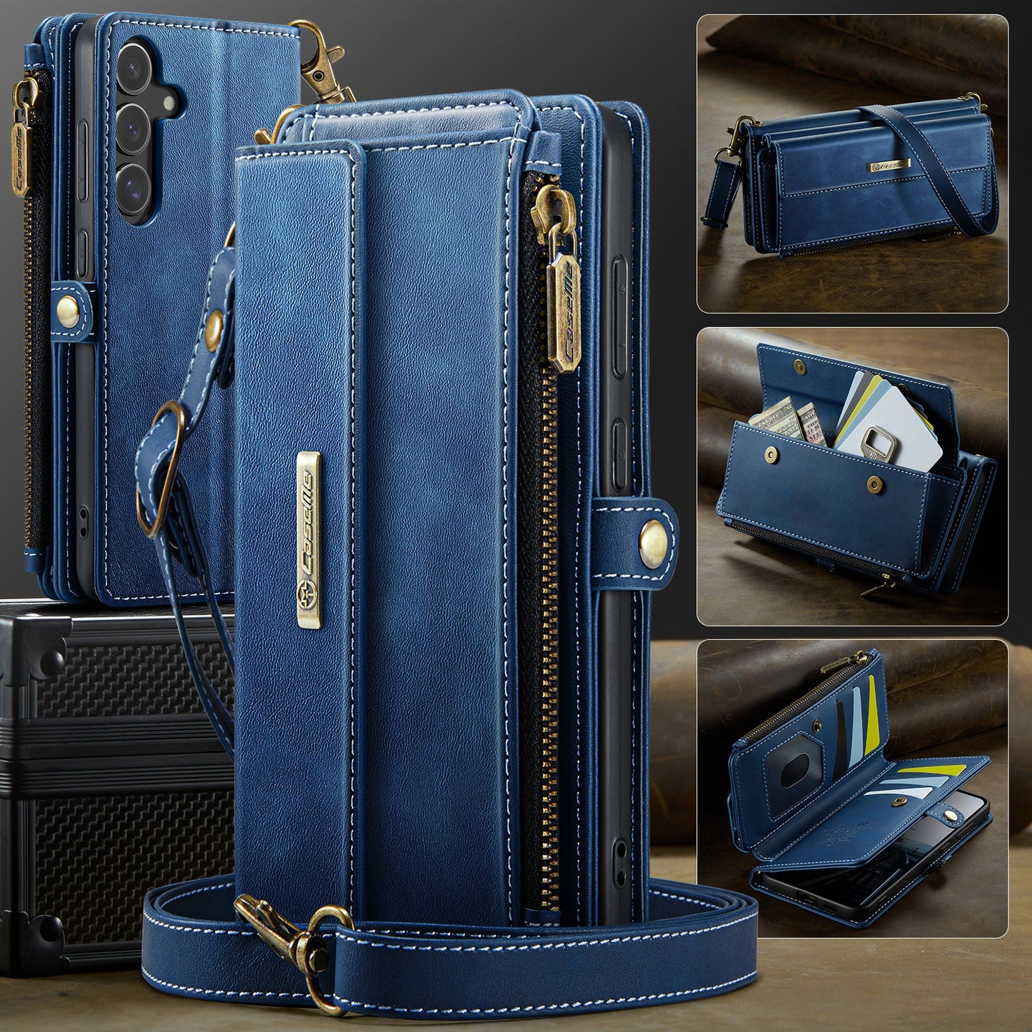 For Samsung Galaxy S24 Case CASEME C39 RFID Blocking Zipper Wallet Stand Leather Cover with Strap - Blue