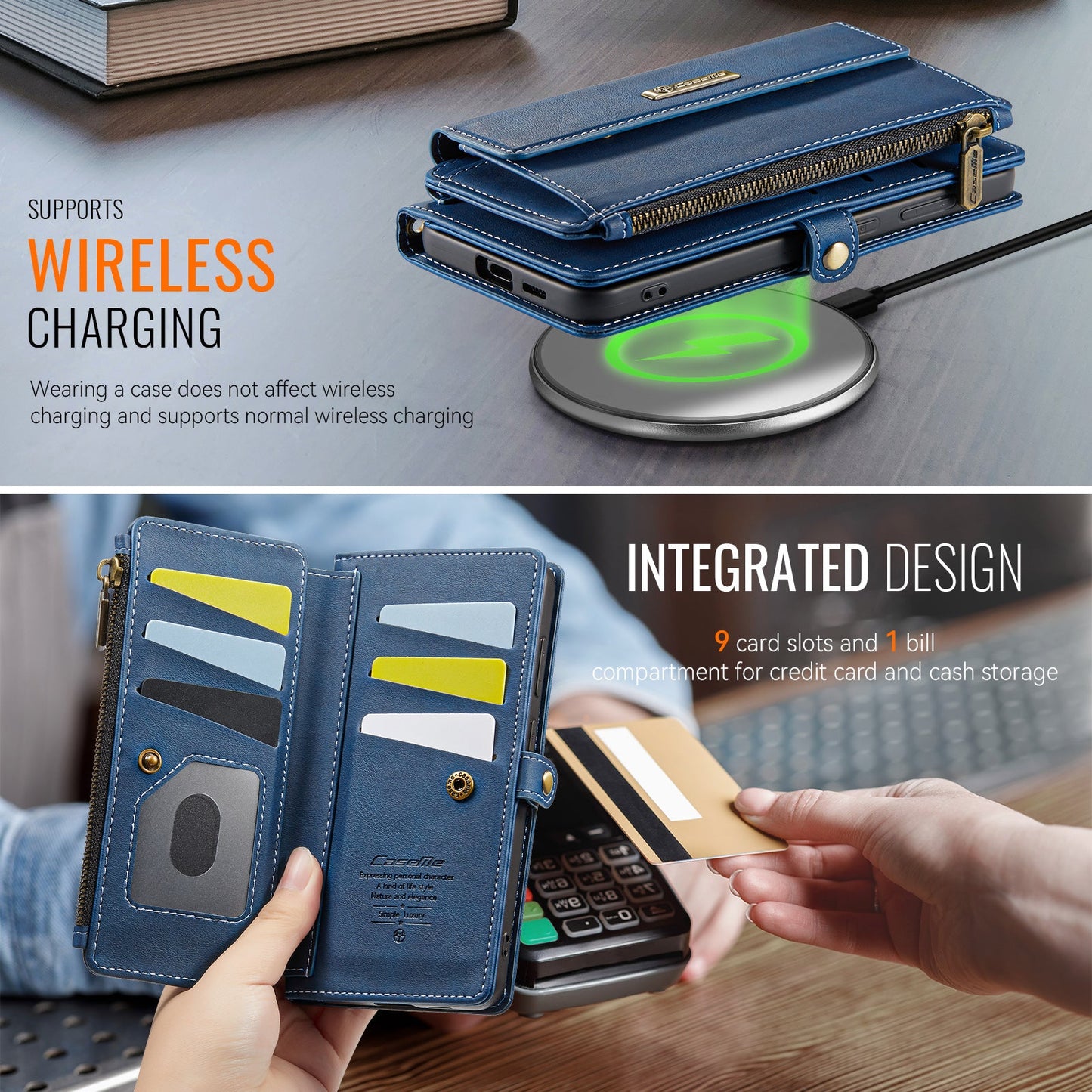 For Samsung Galaxy S24 Case CASEME C39 RFID Blocking Zipper Wallet Stand Leather Cover with Strap - Blue