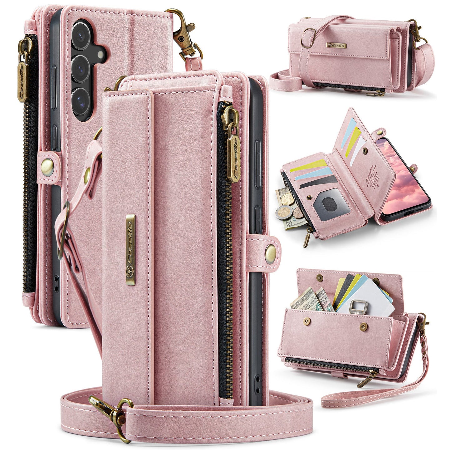 For Samsung Galaxy S24 Case CASEME C39 RFID Blocking Zipper Wallet Stand Leather Cover with Strap - Pink