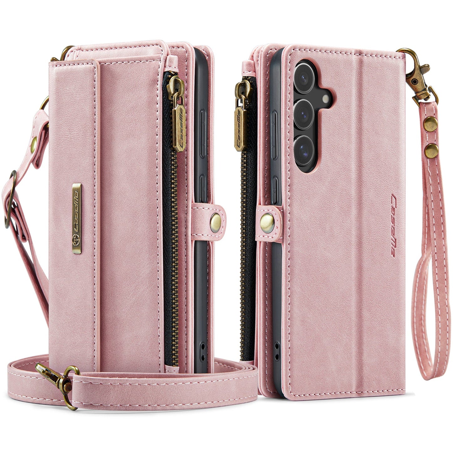 For Samsung Galaxy S24 Case CASEME C39 RFID Blocking Zipper Wallet Stand Leather Cover with Strap - Pink