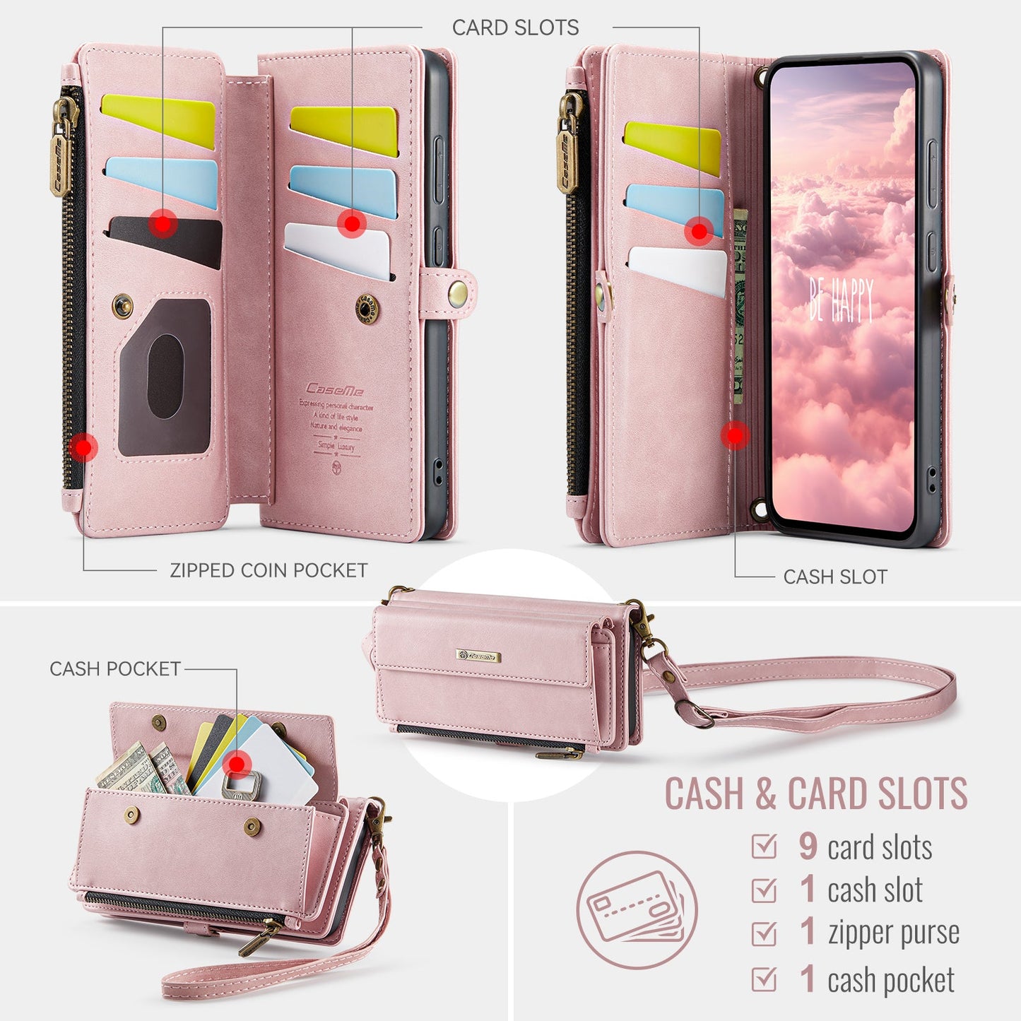 For Samsung Galaxy S24 Case CASEME C39 RFID Blocking Zipper Wallet Stand Leather Cover with Strap - Pink